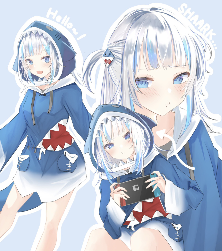 animal_costume animal_hood blue_hair blush commentary english_text female gawr_gura gawr_gura_(1st_costume) grey_hair hair_ornament highres hololive hololive_english hood multicolored_hair nintendo_switch open_mouth oreazu shark_costume shark_hair_ornament shark_hood sharp_teeth solo streaked_hair tail teeth tied_hair two-tone_hair virtual_youtuber