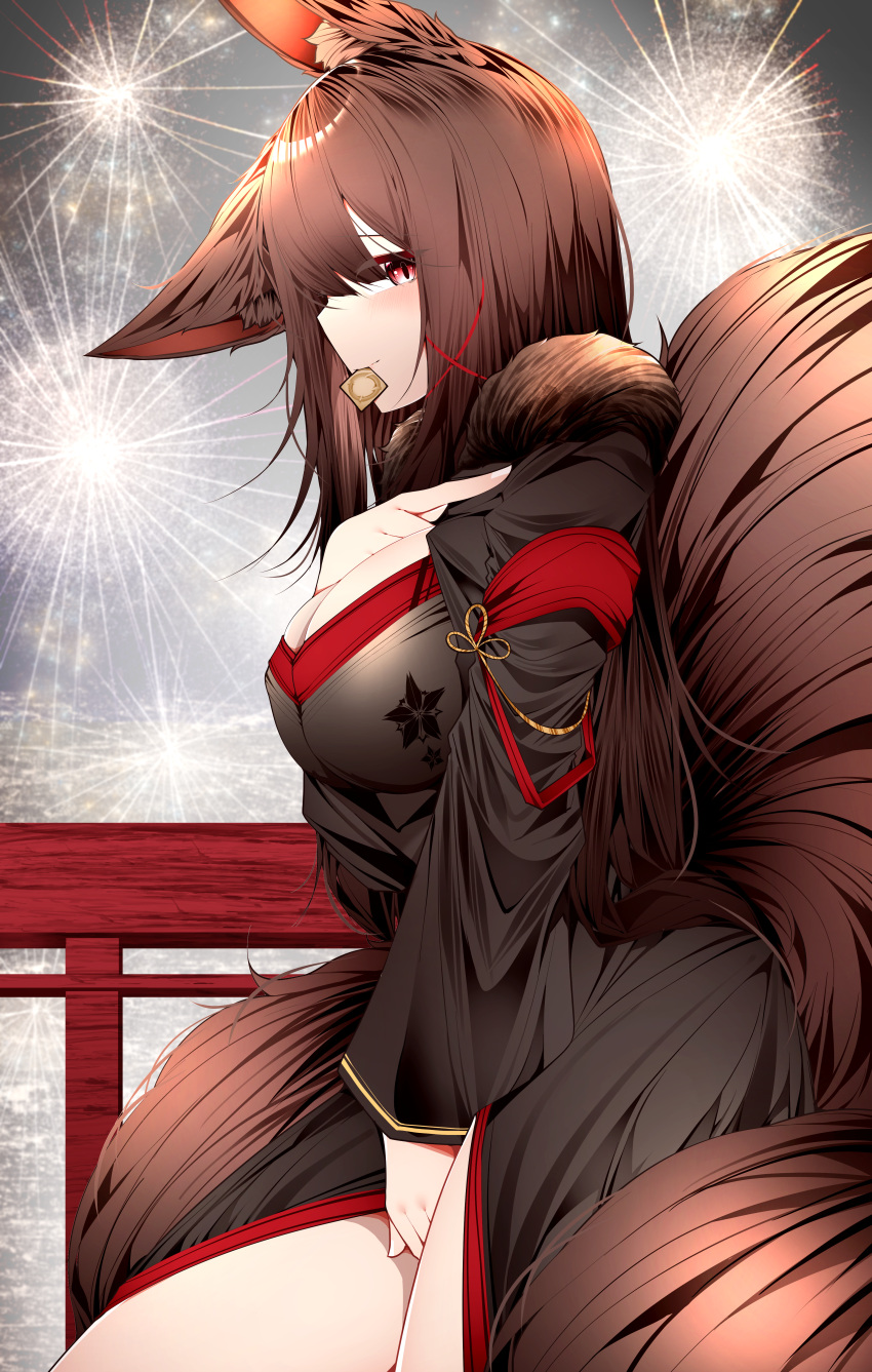 absurdres akagi_(azur_lane) akagi_(plum_and_snow)_(azur_lane) animal_ear_fluff animal_ears azur_lane breasts brown_hair cleavage closed_mouth condom condom_in_mouth female fireworks fox_ears fox_girl fox_tail highres large_breasts long_hair looking_at_viewer mouth_hold multiple_tails profile red_eyes samip smile solo tail thighs