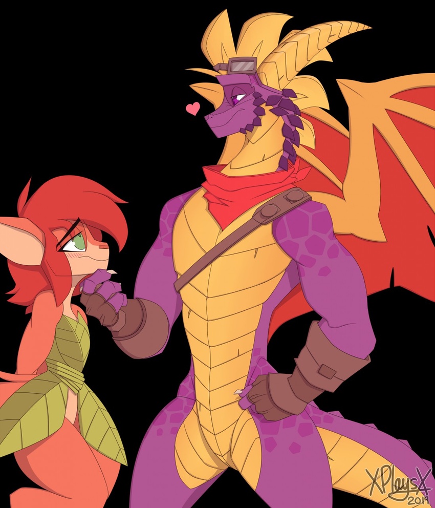 2019 activision anthro athletic balloonist_spyro bedroom_eyes blush clothed clothing dragon duo elora eyewear faun_(spyro) female gloves goggles green_eyes handwear heart_symbol hi_res male mythological_creature mythological_scalie mythology narrowed_eyes purple_body purple_eyes purple_skin scales scalie scarf seductive smile spyro spyro_reignited_trilogy spyro_the_dragon tail thick_thighs wings xplaysx