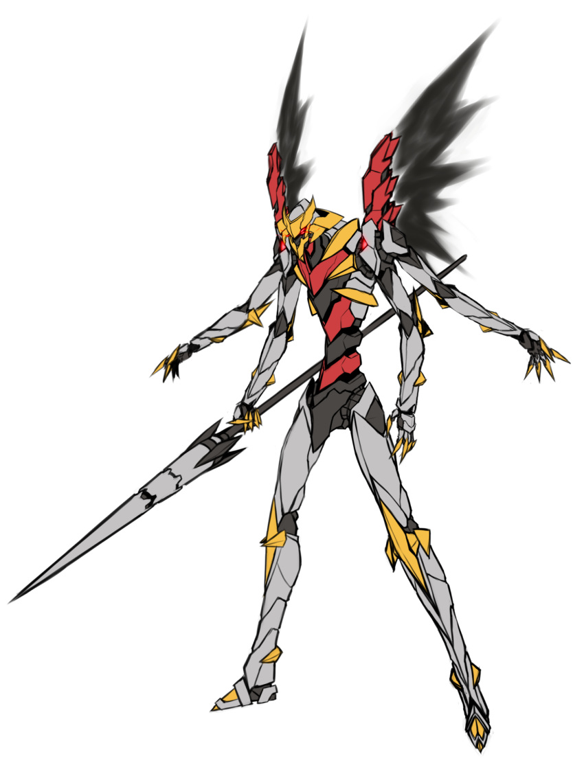 black_wings claws crossover english_commentary eva_13 evangelion:_3.0_you_can_(not)_redo evangelion_(mecha) extra_arms extra_eyes full_body fusion giratina glowing glowing_eyes highres holding holding_polearm holding_weapon lance mecha mechanical_wings neon_genesis_evangelion no_humans pinguinkotak pokemon pokemon_(creature) polearm rebuild_of_evangelion red_eyes robot science_fiction solo weapon white_background wings