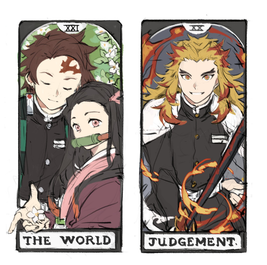 2boys bit_gag black_hair brown_hair cape closed_eyes demon_slayer_uniform female fire forked_eyebrows gag gagged hair_ribbon highres japanese_clothes judgement_(tarot) kamado_nezuko kamado_tanjirou katana kimetsu_no_yaiba long_hair looking_at_viewer multicolored_hair multiple_boys papajay_(jennygin2) parted_lips pink_eyes red_hair rengoku_kyoujurou ribbon scar scar_on_face simple_background sword tarot tarot_(medium) the_world_(tarot) upper_body weapon white_background yellow_eyes