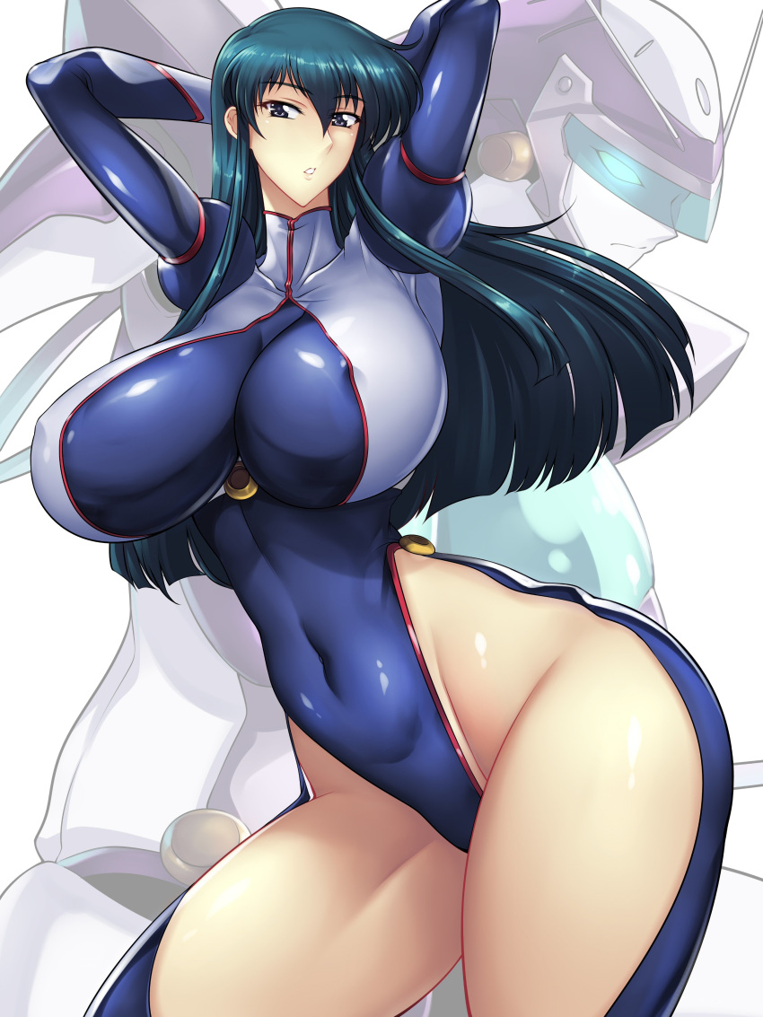 absurdres arms_behind_head arms_up bad_anatomy black_eyes blue_hair breasts core_gunner covered_navel covered_nipples female floating_hair fujimura_shizuru haganef highleg highleg_leotard highres huge_breasts leotard mecha open_mouth pilot_suit robot science_fiction shinkon_gattai_godannar!! thick_thighs thighs turtleneck