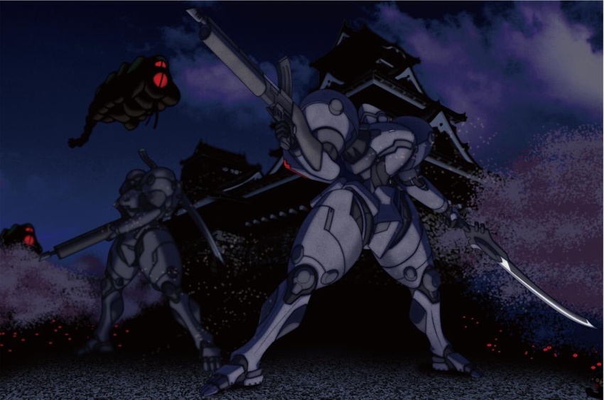 amtt-519mw_shikon dual_wielding flying gun gunparade_march heyzan holding holding_gun holding_sword holding_weapon kaijuu mecha night no_humans robot shrine standing sword weapon