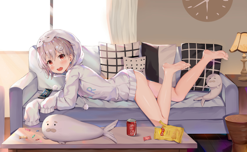 absurdres animal_hair_ornament animal_hood ass barefoot can candy_wrapper chinese_commentary clock commentary couch drink_can fate/grand_order fate_(series) feet female grey_hair highres hokori_sakuni hood hoodie indoors lampshade legs_up long_sleeves looking_at_viewer lying official_art on_couch on_stomach open_mouth phone pillow project-sp red_eyes shirakami_haruka short_hair sleeves_past_fingers sleeves_past_wrists soda_can solo stuffed_seal stuffed_toy table the_pose thighs virtual_youtuber