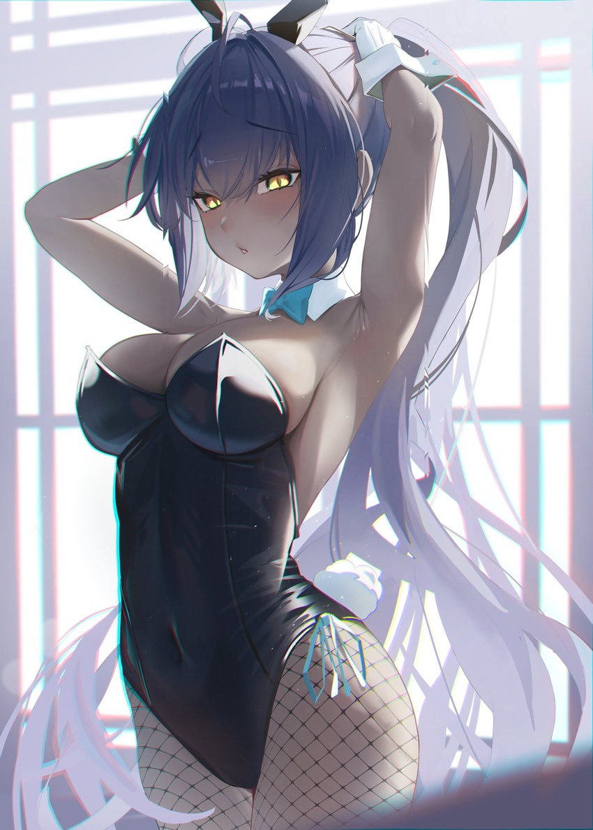 animal_ears armpits arms_up black_leotard blue_archive blush bow bowtie breasts cleavage commentary daiiichukiii dark-skinned_female dark_skin detached_collar female fishnet_pantyhose fishnets gloves highres karin_(blue_archive) karin_(bunny)_(blue_archive) large_breasts leotard long_hair md5_mismatch official_alternate_costume pantyhose parted_lips playboy_bunny ponytail rabbit_ears resolution_mismatch sideboob solo source_smaller strapless strapless_leotard very_long_hair white_gloves yellow_eyes