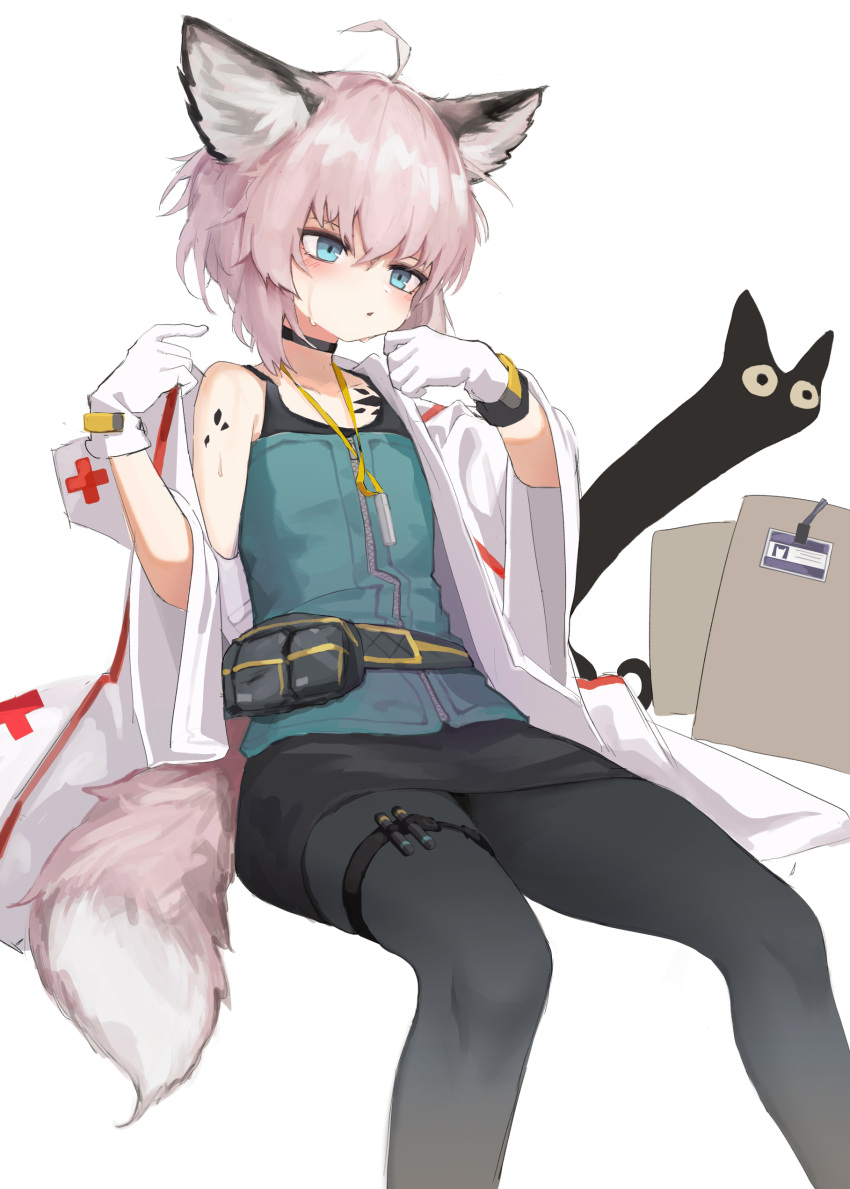 absurdres ahoge animal_ears arknights bare_shoulders belt black_legwear blue_eyes blush choker female flat_chest gloves highres lab_coat material_growth oripathy_lesion_(arknights) parted_lips pencil_skirt pink_hair pouch short_hair simple_background sitting skirt solo sussurro_(arknights) tail timitarcat white_background white_gloves