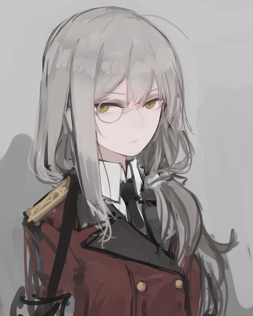 black_necktie buttons double-breasted epaulettes expressionless female girls'_frontline grey_background grey_hair griffin_&_kryuger_military_uniform helianthus_(girls'_frontline) highres long_hair looking_at_viewer monocle necktie painterly rampart1028 solo uniform upper_body yellow_eyes