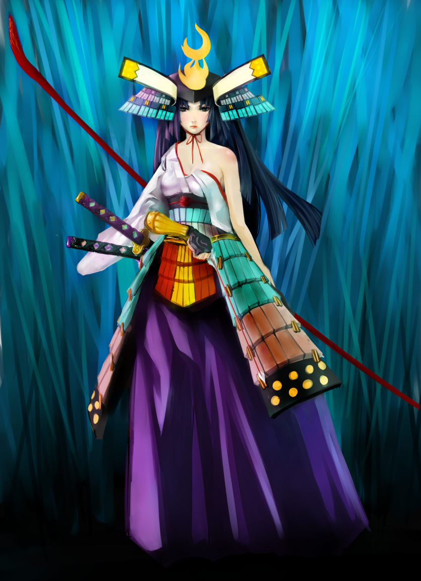 absurdres armor arrow_(projectile) bad_id bad_pixiv_id bare_shoulders black_eyes black_hair bow_(weapon) breasts cleavage female fingerless_gloves gloves hadanugi_dousa hakama hakama_skirt haori hat helmet highres japanese_armor japanese_clothes kabuto_(helmet) katana kimono kote kusazuri long_hair medium_breasts oboro_muramasa open_clothes open_kimono purple_hakama samurai skirt slall solo sword torahime weapon