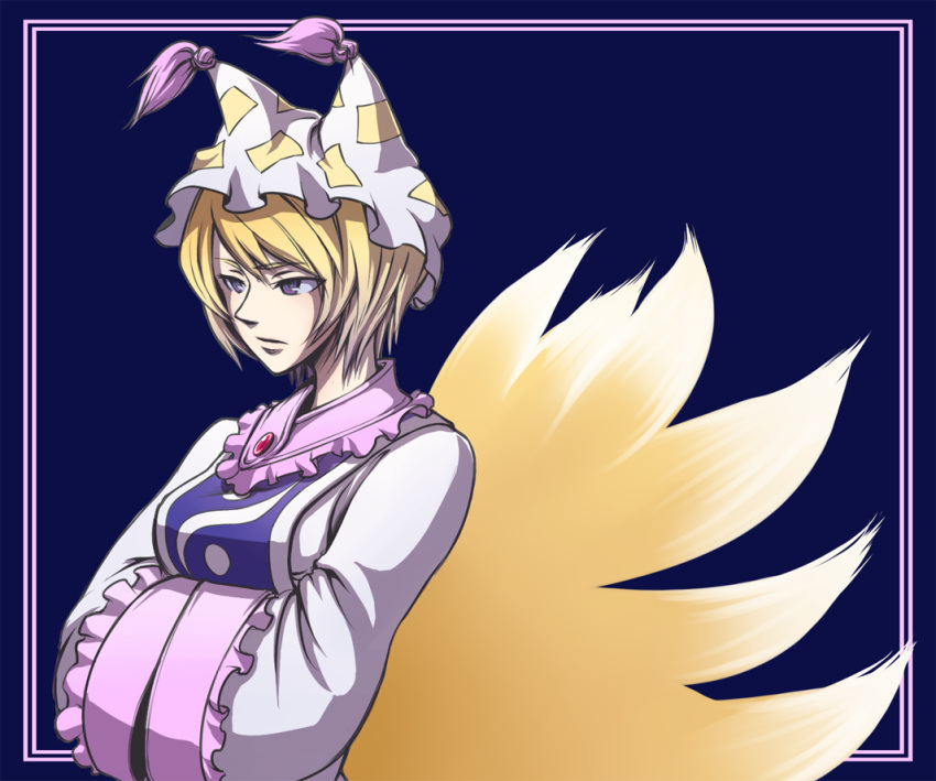 bad_id bad_pixiv_id blonde_hair female fox_tail hands_in_opposite_sleeves hat multiple_tails purple_eyes short_hair solo tail touhou wide_sleeves yadonushi_(housei) yakumo_ran