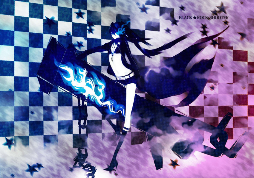 black_hair black_rock_shooter black_rock_shooter_(character) black_shorts blue_eyes chains coat female flaming_eye flat_chest gloves gun highres hk long_hair no_shirt shorts solo star_(symbol) weapon