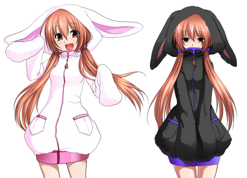 2girls 695_(mukuko) animal_ears bad_id bad_pixiv_id brown_eyes brown_hair hood hoodie jacket long_hair multiple_girls open_mouth original rabbit_ears smile