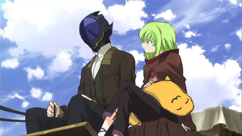 1boy 4chan :3 anime_screenshot c.c. cart cheese-kun code_geass crossover day female fukuyama_jun green_hair mask non-web_source parody photoshop_(medium) sky spice_and_wolf thighhighs third-party_edit voice_actor_connection zero_(code_geass)