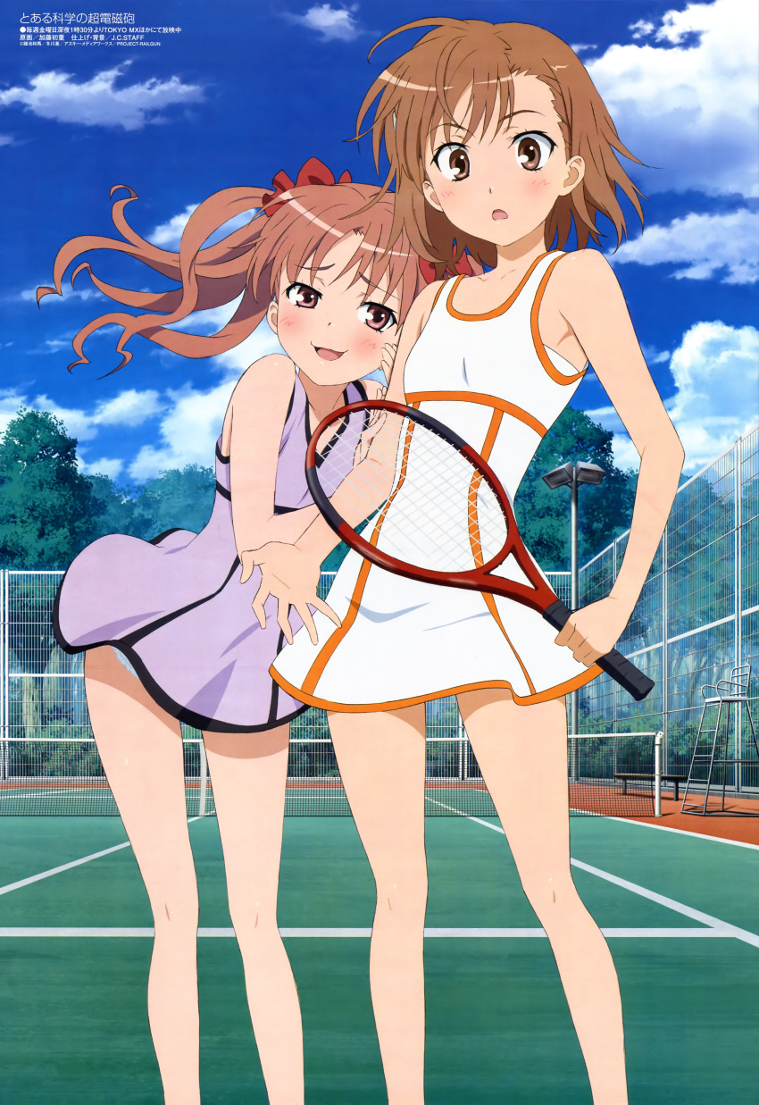 2girls :o absurdres ahoge bare_shoulders bench blue_sky bow brown_eyes brown_hair chair cloud day dress embarrassed fence flat_chest floating_hair forest hairbow highres holding holding_another's_arm imageboard_desourced katou_hatsue lace lace-trimmed_dress lace_trim leaning_forward legs long_hair looking_at_viewer megami_magazine misaka_mikoto multiple_girls nature naughty_face net non-web_source official_art outdoors parted_bangs pink_eyes pink_hair purple_skirt racket scan shirai_kuroko short_dress short_hair skirt sky sleeveless sleeveless_dress smile sportswear standing surprised tennis tennis_court tennis_net tennis_racket tennis_uniform toaru_kagaku_no_railgun toaru_majutsu_no_index tree twintails umpire_chair underwear white_dress yuri