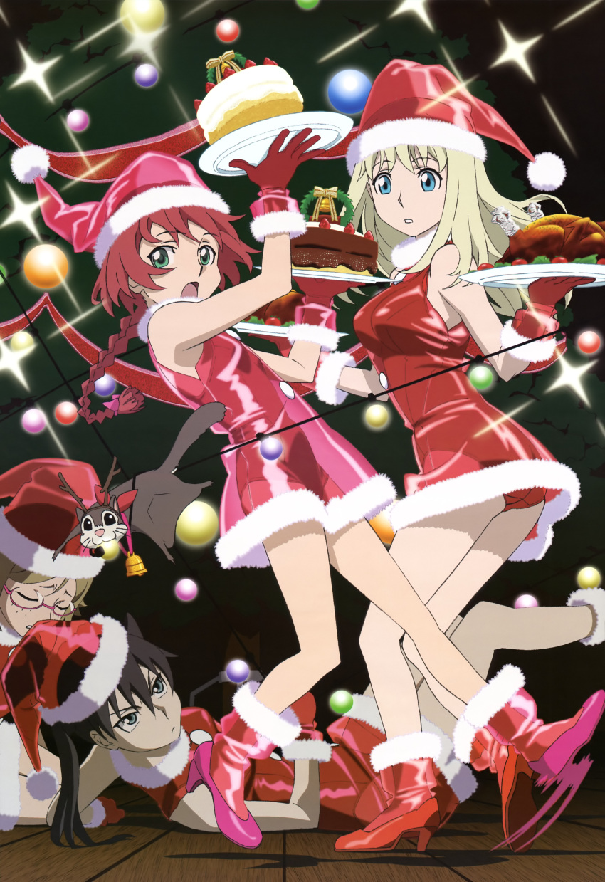 4girls absurdres antlers bell black_hair blue_eyes braid cake christmas closed_eyes darker_than_black flying_squirrel food glasses gloves green_eyes hat highres horns imageboard_desourced long_hair multiple_girls non-web_source nyantype one-piece_swimsuit open_mouth pastry petya_(darker_than_black) santa_costume santa_hat sascha_(darker_than_black) scan school_swimsuit see-through short_hair single_braid squirrel suou_pavlichenko suzuki_norimitsu swimsuit tanya_(darker_than_black)