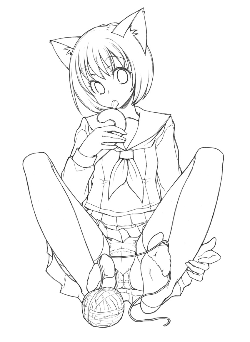 absurdres animal_ears commentary_request feet female greyscale hands highres kimarin licking line_art monochrome original panties panties_under_pantyhose pantyhose school_uniform short_hair skirt soles solo tail thighband_pantyhose thread tongue underwear