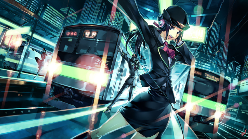 2boys black_hair blue_eyes boots commentary_request exit_trance exit_tunes female hat headphones long_hair multiple_boys night painttool_sai_(medium) pencil_skirt ponytail skirt standing train train_attendant train_station travel_attendant uniform vania600