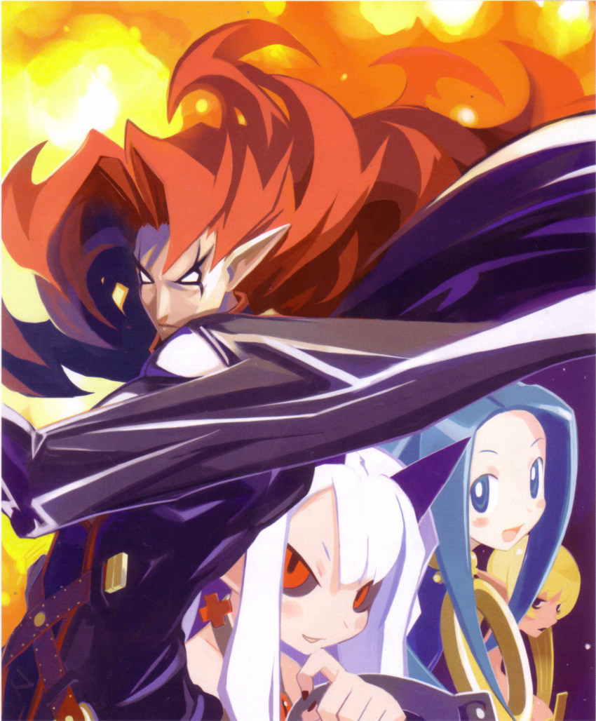 1boy 3girls :d blue_eyes blue_hair fire harada_takehito highres long_hair looking_at_viewer multiple_girls open_clothes open_mouth phantom_kingdom photoshop_(medium) pointy_ears pram_(phantom_kingdom) red_eyes salome_(phantom_kingdom) scan smile trenia_(phantom_kingdom) upper_body very_long_hair white_background white_hair zetta_(phantom_kingdom)