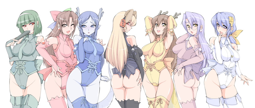 6+girls 95-tan animal_ears armpits arms_behind_head ass bad_id bad_pixiv_id black_leotard blonde_hair blue_eyes blue_hair blue_leotard blue_skin blush bow breasts brown_eyes brown_hair colored_skin daiginjou dog_ears dragon_girl earrings elbow_gloves embarrassed everyone fingerless_gloves futaba_channel glasses gloves green_hair green_leotard groin hair_ribbon hand_fan hand_on_another's_shoulder hand_on_own_hip highleg highleg_leotard horns jewelry kiri-san kouryuu_(nijiura_maids) large_breasts leotard long_hair looking_back mama-t monster_girl multiple_girls necktie nijiura_maids nt-tan one-piece_thong one_eye_closed os-tan panties pointy_ears purple_hair purple_leotard red_eyes red_leotard ribbon ruriwo_(ruriwo1894) seiryuu_(nijiura_maids) shibai short_hair sidelocks tail thighhighs underwear white_leotard yellow_eyes yellow_leotard