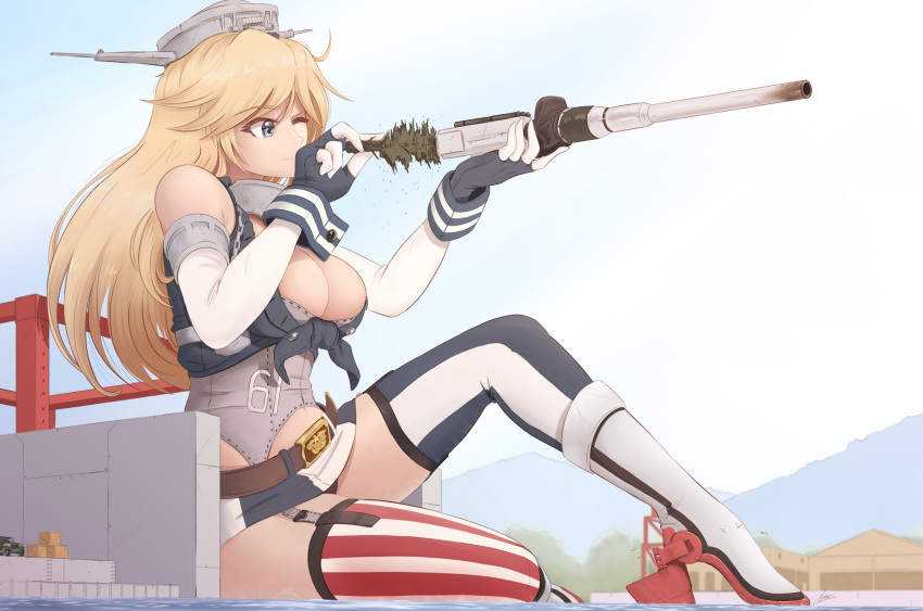 asymmetrical_legwear belt belt_buckle bird blonde_hair blue_eyes blue_thighhighs box breasts buckle cleaning_gun closed_mouth commentary day dock elbow_gloves female giant giantess gloves ground_vehicle hat highres iowa_(kancolle) jeep kantai_collection large_breasts legs long_hair md5_mismatch midriff mismatched_legwear motor_vehicle one_eye_closed outdoors panties raps_(yohomeboyraps) red_legwear rudder_footwear seagull sitting skirt solo striped_clothes striped_skirt striped_thighhighs thighhighs tree underwear vertical-striped_clothes vertical-striped_thighhighs