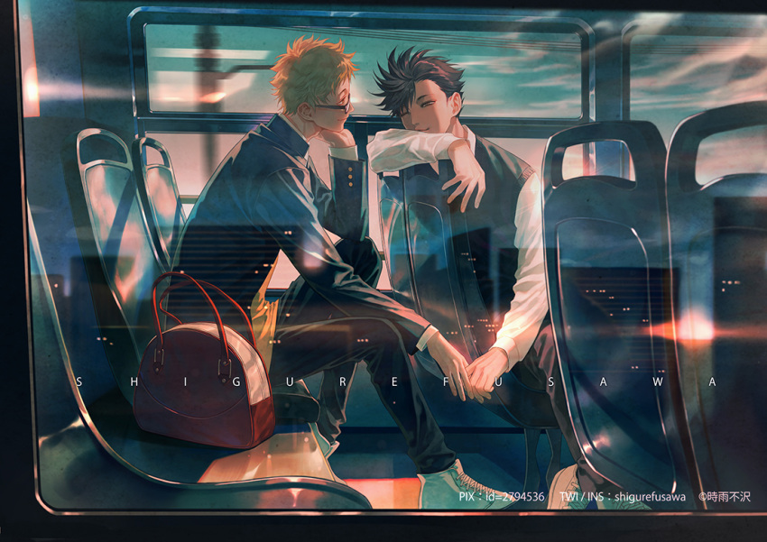 2boys bag black_hair blonde_hair bus city city_lights cloud commentary evening glasses haikyuu!! holding_hands kinsatsu_(grizzled) kuroo_tetsurou looking_at_another male_focus motor_vehicle multiple_boys one_eye_closed reflection shoes sitting sky smile spiked_hair sunset tsukishima_kei uniform yaoi