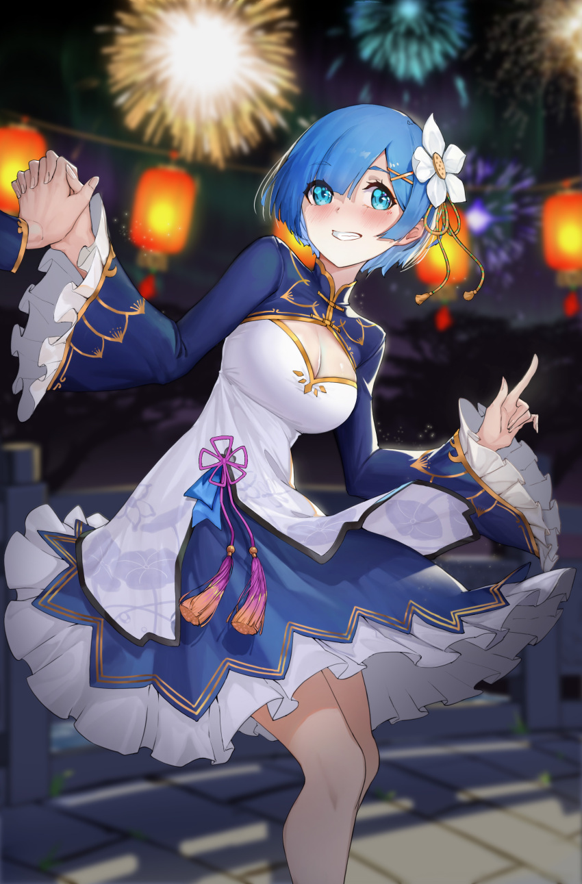 absurdres blue_eyes blue_hair blush breasts cleavage dress feet_out_of_frame female firework_background fireworks flower genera-x hair_flower hair_ornament hair_ribbon hand_grab highres index_finger_raised looking_at_viewer medium_breasts multicolored_clothes multicolored_dress open_mouth re:zero_kara_hajimeru_isekai_seikatsu rem_(re:zero) ribbon short_hair smile solo standing wide_sleeves