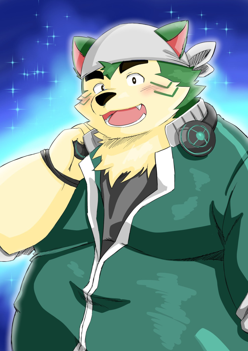 anthro bandana blush canid canine canis clothing domestic_dog electronics eyebrows fur green_body green_fur headphones hi_res homohomofever jacket kerchief lifewonders live_a_hero male mammal mokdai musclegut muscular slightly_chubby solo thick_eyebrows topwear