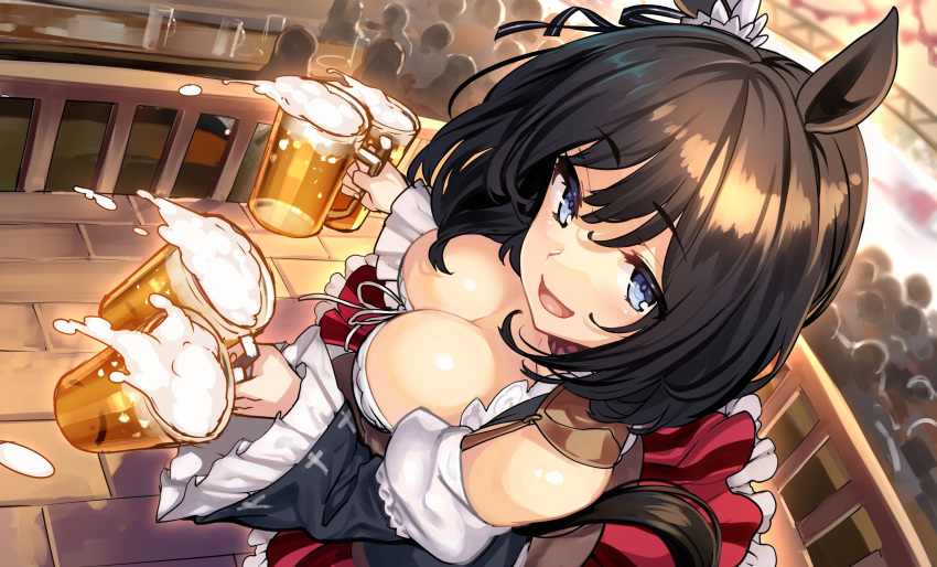 animal_ears beer_mug black_hair black_shirt black_sleeves blue_eyes bob_cut breasts cleavage commentary cup detached_sleeves eishin_flash_(umamusume) female flower frilled_shirt frilled_skirt frilled_sleeves frills from_above hair_flower hair_ornament highres holding holding_cup horse_ears horse_girl horse_tail large_breasts looking_at_viewer medium_hair mug open_mouth puffy_sleeves red_skirt shiokonbu shirt skirt solo_focus striped_clothes striped_skirt swept_bangs tail umamusume vertical-striped_clothes vertical-striped_skirt