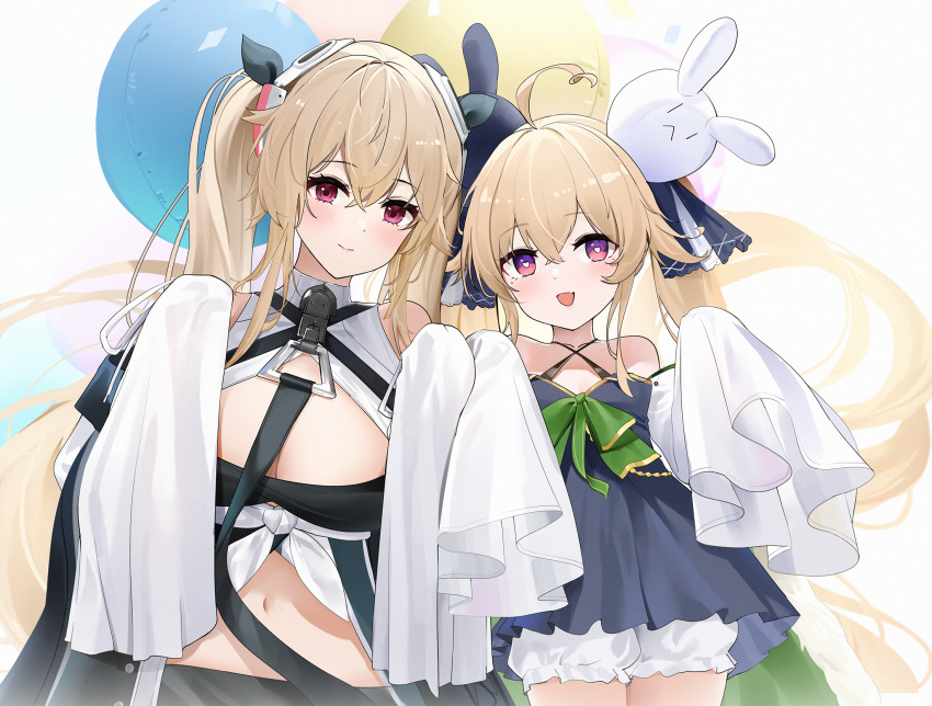 2girls :d ahoge anchorage_(azur_lane) attilio_regolo_(azur_lane) azur_lane bare_shoulders bloomers bow breasts cleavage criss-cross_halter green_bow halterneck heart heart-shaped_pupils highres large_breasts light_brown_hair look-alike multiple_girls navel oerba_yun_fang purple_eyes qing_wu sleeves_past_fingers sleeves_past_wrists smile symbol-shaped_pupils twintails two-tone_ribbon underwear white_bloomers