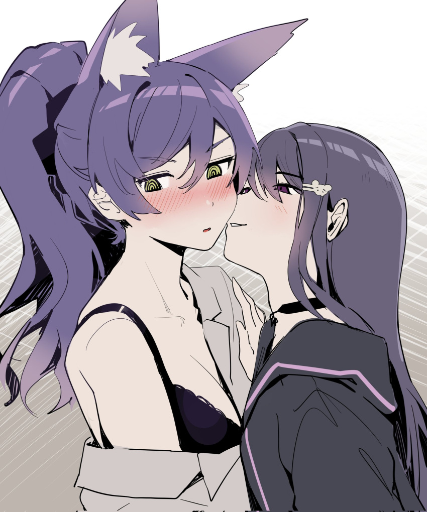 2girls @_@ animal_ear_fluff animal_ears black_bra black_choker black_hoodie blush bra breasts choker fox_ears fox_girl green_eyes grey_shirt hair_between_eyes hair_ornament hairclip height_difference highres hood hoodie illian-san imminent_kiss ksp_(vtuber) large_breasts long_hair long_sleeves looking_at_another meridian_project multiple_girls nose_blush off_shoulder open_clothes open_shirt parted_lips ponytail purple_hair seductive_smile seki_(vtuber) shirt single_bare_shoulder smile underwear virtual_youtuber yuri