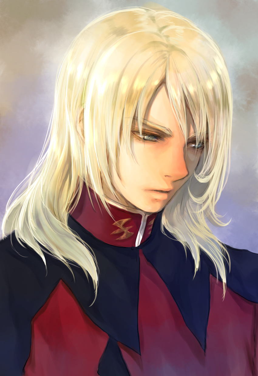 1boy blonde_hair blue_eyes close-up gundam gundam_seed gundam_seed_destiny highres long_hair looking_down male_focus military military_uniform parted_lips rey_za_burrel solo takeda_yuuko uniform