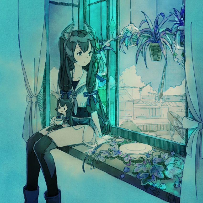 aqua_theme black_thighhighs character_doll commentary_request crane_(machine) cup curtains doll expressionless feet_out_of_frame female grey_neckerchief hair_over_shoulder hanging_plant headgear highres holding holding_cup i-47_(kancolle) indoors kantai_collection kokudou_juunigou long_hair looking_away looking_to_the_side neckerchief plant planter potted_plant sailor_collar school_swimsuit see-through see-through_skirt shirt sidelocks sitting sitting_in_window skirt sleeveless sleeveless_shirt solo swimsuit thighhighs very_long_hair window windowsill