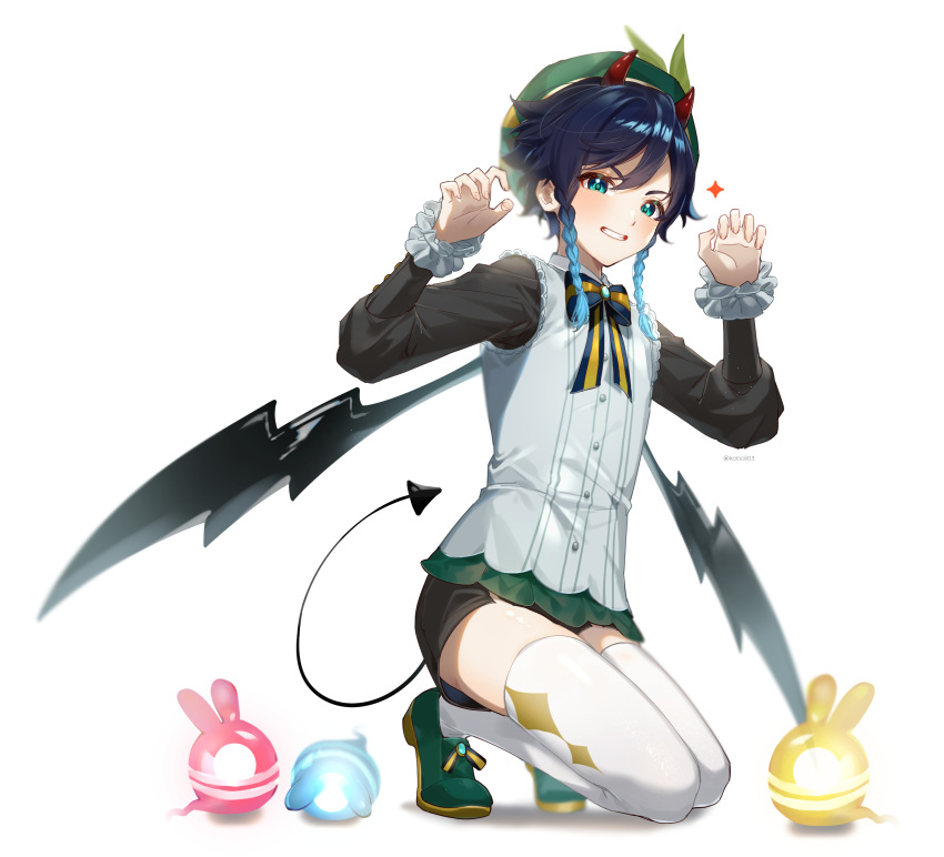 1boy bad_id bad_twitter_id blue_eyes blue_hair bow bowtie braid demon_boy demon_horns demon_tail demon_wings genshin_impact hair_between_eyes hat highres horns kkopoli long_sleeves looking_at_viewer male_focus seelie_(genshin_impact) shoes shorts simple_background solo tail teeth thighhighs twin_braids venti_(genshin_impact) venti_(halloween)_(genshin_impact) white_background wings