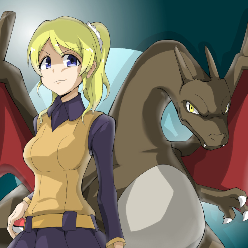 1:1 blonde_hair charizard clothing duo eli_ayase generation_1_pokemon hair hi_res horn human love_live! love_live!_school_idol_project mammal nintendo pokeball pokemon pokemon_(species) sesame_(edf-goma) topwear vest wings