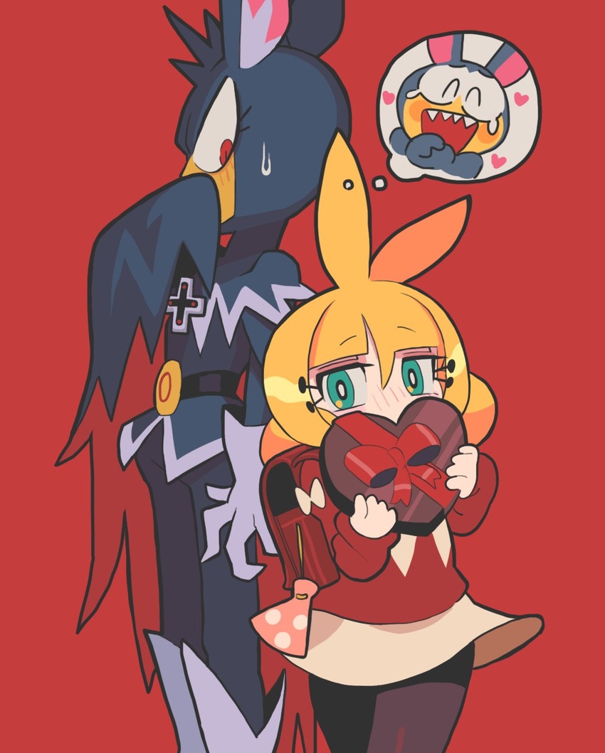 1boy animal_ears backpack bag blonde_hair bright_pupils commentary covering_own_mouth cowboy_shot draculala_(gashi-gashi) feet_out_of_frame female gashi-gashi green_eyes highres long_sleeves looking_at_viewer original rabbit_boy rabbit_ears red_background red_bag red_eyes sayaka-chan_(gashi-gashi) simple_background sweatdrop symbol-only_commentary white_pupils