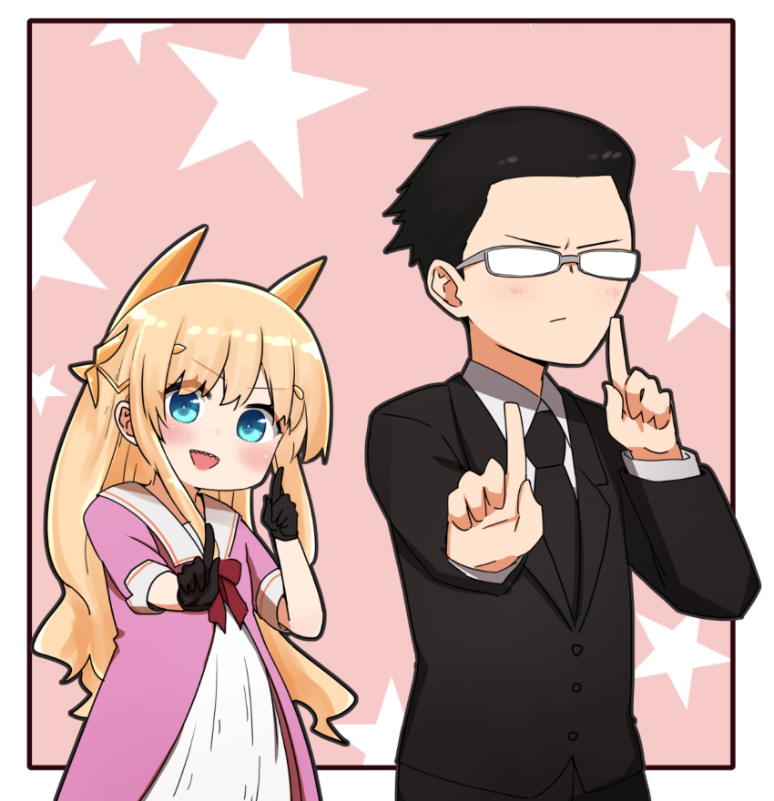 1boy :d black_gloves black_hair black_jacket black_necktie black_pants blonde_hair blue_eyes blush closed_mouth collared_shirt commentary_request dress eyes_visible_through_hair facing_viewer fantasy_bishoujo_juniku_ojisan_to female formal glasses gloves hair_between_eyes hair_slicked_back highres i.u.y index_finger_raised jacket jinguuji_tsukasa koi_dance long_hair long_sleeves looking_at_viewer necktie opaque_glasses open_mouth outstretched_arm pants pink_background pink_dress sharp_teeth shirt short_sleeves smile starry_background suit tachibana_hinata_(fabiniku) teeth v-shaped_eyebrows very_long_hair white_dress white_shirt