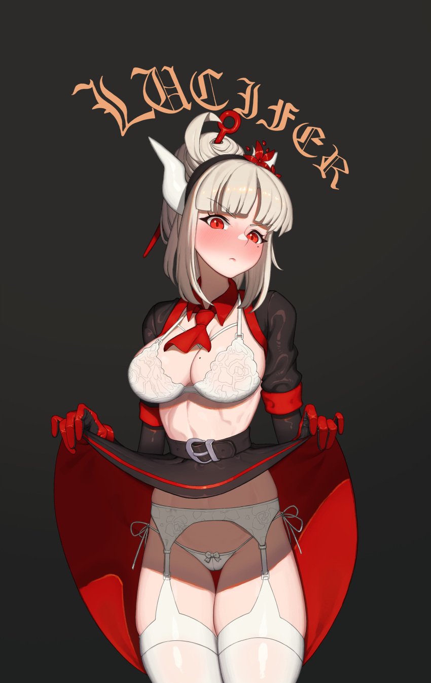 absurdres ascot bad_id bad_pixiv_id belt black_belt black_gloves black_hairband black_skirt blush bra breasts character_name cleavage clothes_lift collar demon_girl female flower frown garter_belt gloves hair_flower hair_ornament hair_stick hairband hellk111 helltaker highres horns lucifer_(helltaker) maid medium_hair mole mole_on_breast mole_under_eye panties red_collar red_eyes red_gloves red_skirt side-tie_panties skindentation skirt skirt_lift solo thighhighs underwear white_bra white_horns white_panties white_thighhighs