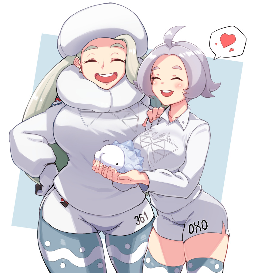 2girls absurdres ahoge bad_id bad_pixiv_id blush breasts cleanerjay closed_eyes commentary_request earrings eyelashes gloves gym_trainer_(pokemon) hand_on_another's_shoulder hat heart highres holding holding_pokemon jewelry korean_commentary large_breasts long_hair mature_female melony_(pokemon) multiple_girls open_mouth pantyhose pantyhose_under_shorts pokemon pokemon_(creature) pokemon_swsh scarf shorts side_slit side_slit_shorts single_glove snom spoken_heart standing sweater teeth thighhighs tongue white_headwear white_scarf white_sweater