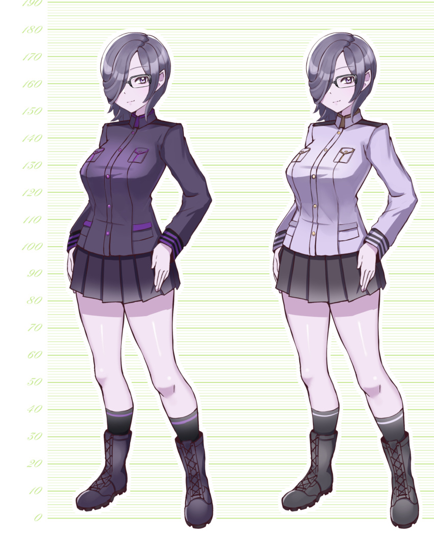 administrator_(crossover_nexus) alternate_costume breasts colored_skin commentary commission crossover_nexus_project crossover_nexus_series female full_body glasses highres isekai_monogatari_series large_breasts military military_uniform pointy_ears purple_eyes purple_hair purple_skin short_hair uniform yasu_suupatenin