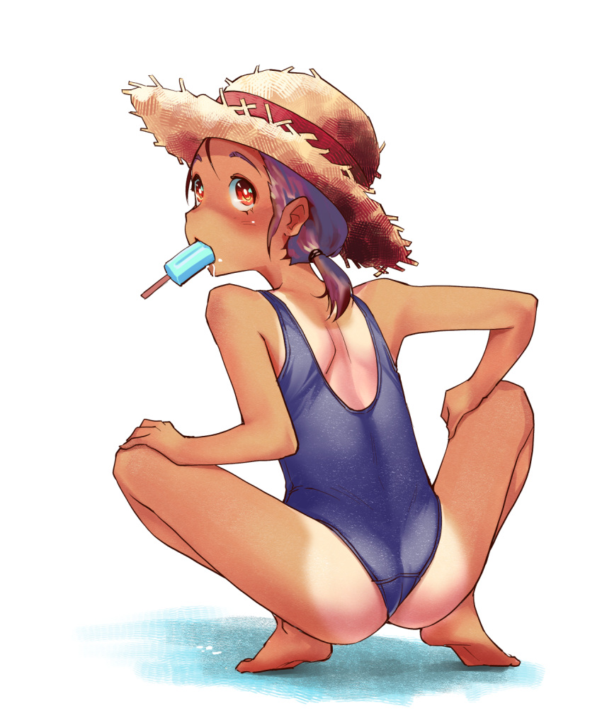 ass bad_id bad_twitter_id barefoot blue_one-piece_swimsuit commentary_request female food from_behind full_body gekkou_(geccomajin) hat highres inactive_account long_hair looking_up low_ponytail mouth_hold one-piece_swimsuit one-piece_tan original popsicle purple_hair red_eyes school_swimsuit shoulder_blades simple_background solo squatting straw_hat swimsuit tan tanlines white_background