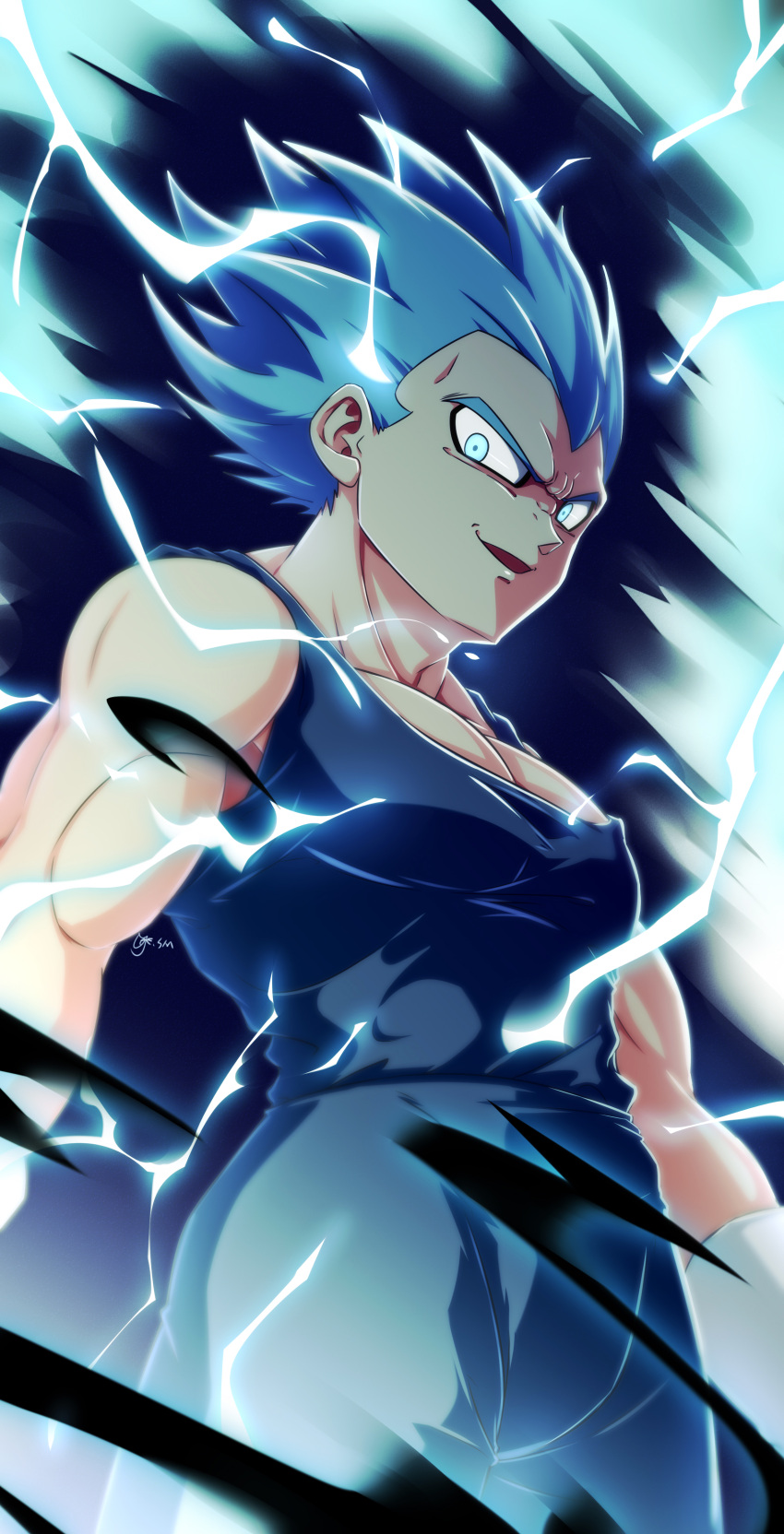 1boy absurdres bare_arms blue_hair bodysuit commentary corruption dragon_ball dragon_ball_heroes electricity english_commentary from_below gloves highres looking_at_viewer male_focus muscular muscular_male pectorals shumai_(sm318) signature sleeveless smile solo spiked_hair super_saiyan super_saiyan_blue vegeta white_gloves