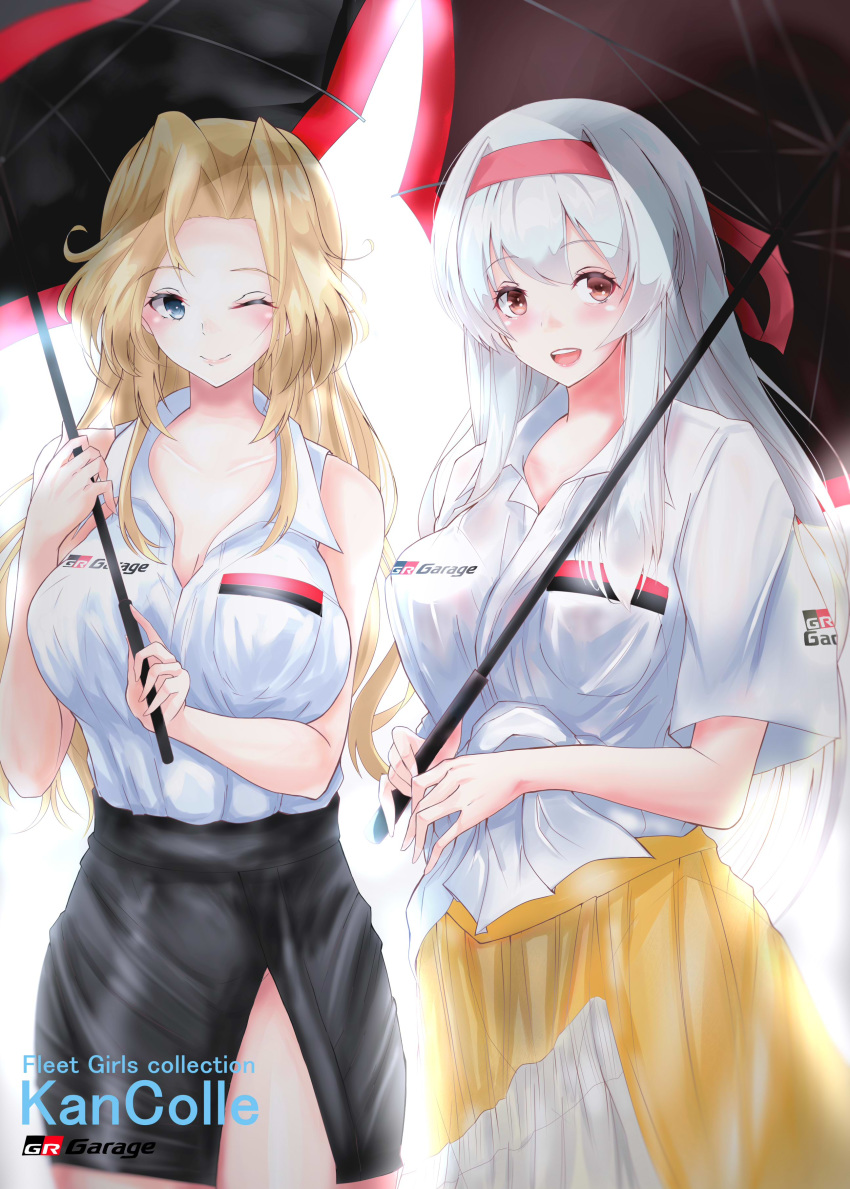 2girls :d ;) absurdres alternate_costume black_skirt blonde_hair blue_eyes breast_pocket breasts brown_eyes cleavage commentary_request copyright_name cowboy_shot gr hairband highres holding holding_umbrella hornet_(kancolle) kantai_collection large_breasts long_hair looking_at_viewer multiple_girls muneate one_eye_closed open_mouth pencil_skirt pocket race_queen red_hairband shamo_(ptwmjgda) shirt shoukaku_(kancolle) simple_background skirt sleeveless sleeveless_shirt smile tied_shirt umbrella white_background white_hair white_shirt yellow_skirt