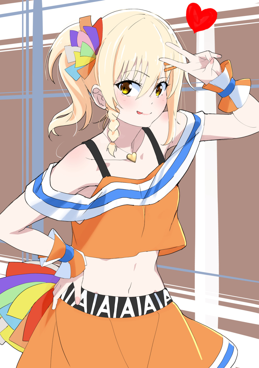 ;d ajapar back_bow belt black_belt blonde_hair bow braid cheerleader collarbone crop_top female french_braid gyaru hair_ornament hair_tie hairclip heart heart_necklace highres jewelry kogal love_live! love_live!_nijigasaki_high_school_idol_club medium_hair midriff miniskirt miyashita_ai necklace off_shoulder one_eye_closed open_mouth orange_eyes orange_skirt pendant pom_pom_(cheerleading) saiko_heart_(love_live!) side_ponytail sidelocks skirt smile solo tank_top v wristband yellow_eyes