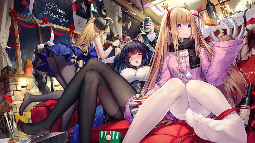 3girls alcohol animal_ears black_hair black_legwear blonde_hair blue_eyes blush bottle breasts chinese_commentary choker claws cleavage commentary crossed_legs dk.senie drunk eating feet food full-face_blush happy_new_year headband horns indoors large_breasts long_hair multiple_girls new_year night no_shoes open_mouth original pantyhose photoshop_(medium) purple_eyes scarf tail white_pantyhose window yellow_eyes