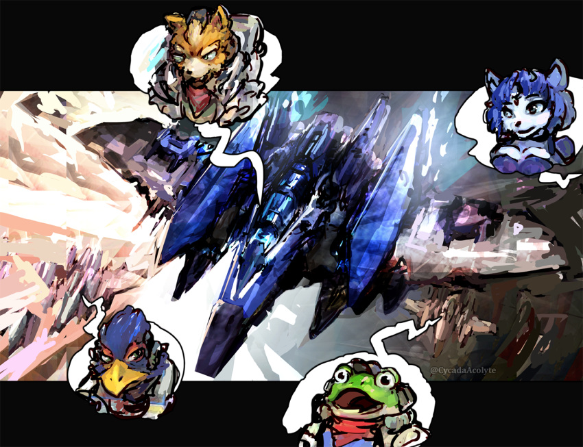 amphibian anthro arwing avian bird canid canine cycadaacolyte falco_lombardi falcon falconid female fox fox_mccloud frog group hi_res krystal_(star_fox) male mammal nintendo science_fiction slippy_toad speedpaint speedpainting star_fox