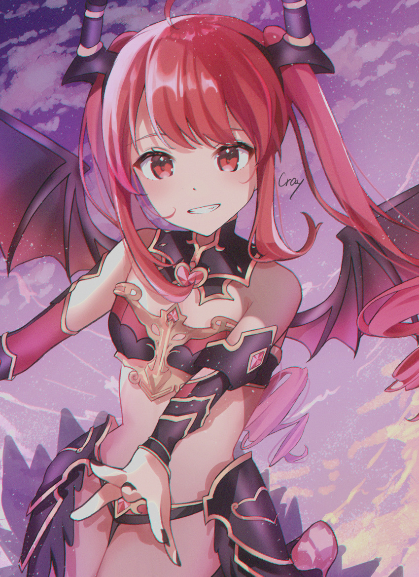 absurdres ahoge arm_guards armor artist_name bare_shoulders battle_girl_high_school bikini_armor black_nails breasts commentary_request cray demon_girl demon_wings detached_collar female grin hair_between_eyes hair_ornament hasumi_urara highres looking_at_viewer red_eyes red_hair sidelocks small_breasts smile solo swept_bangs twintails wings