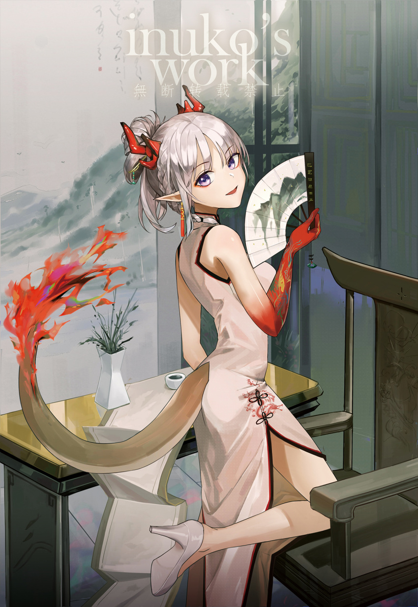 arknights artist_name bare_shoulders blue_eyes chair china_dress chinese_clothes dragon_horns dragon_tail dress female folding_fan from_side hand_fan hand_up high_heels highres holding holding_fan horns inuko_(redconstellation) looking_at_viewer looking_to_the_side medium_hair messy_hair nian_(arknights) nian_(unfettered_freedom)_(arknights) official_alternate_costume open_mouth pumps sandals side_slit sidelocks sleeveless smile solo standing table tail tattoo white_dress white_hair