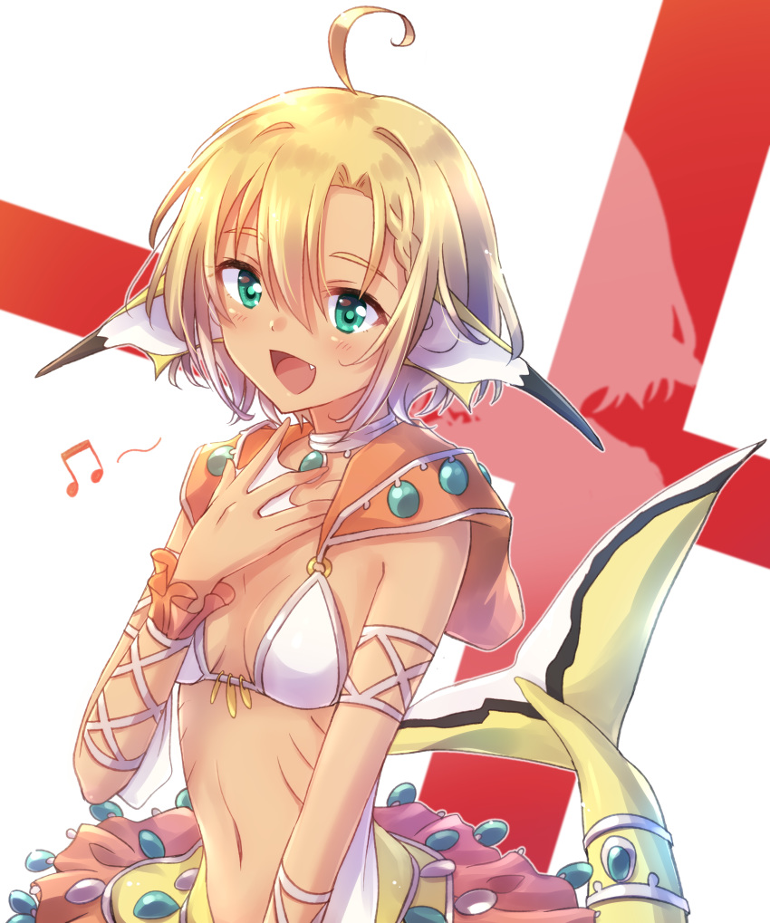 absurdres ahoge bikini blonde_hair breasts commentary_request cowboy_shot female fins gills green_eyes head_fins highres jewelry lulala_heine mermaid monster_girl monster_musume_no_oisha-san music musical_note navel nyaa_(nnekoron) oerba_yun_fang open_mouth short_hair singing small_breasts solo swimsuit tan webbed_hands white_bikini