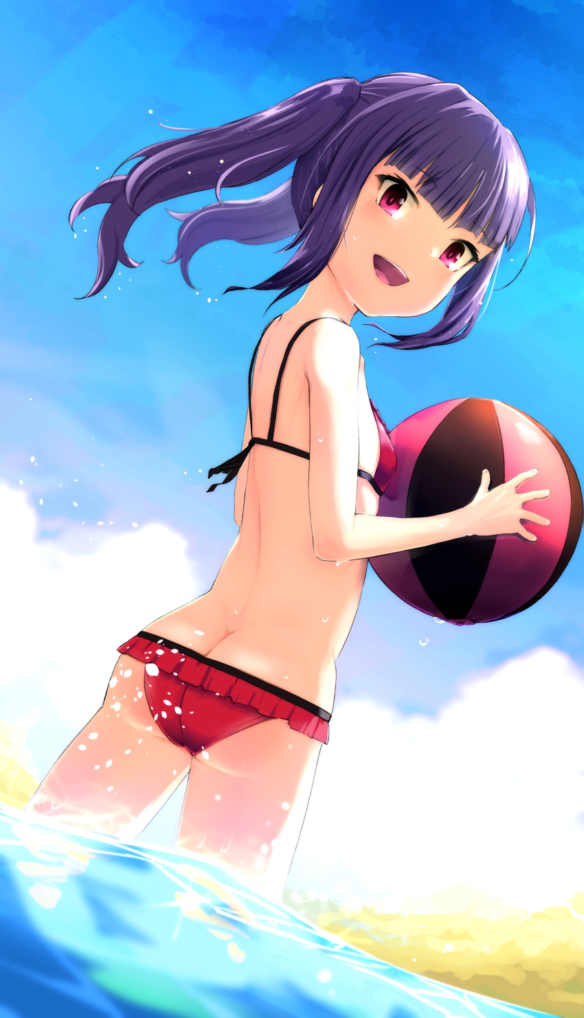 absurdres alice_gear_aegis ass back ball beachball bikini blue_sky blunt_bangs breasts butt_crack cloud cloudy_sky commentary_request day dutch_angle female frilled_bikini frills from_behind highres holding holding_ball ichijou_ayaka looking_at_viewer looking_back medium_hair momo_(higanbana_and_girl) ocean open_mouth outdoors pink_eyes purple_hair red_bikini sky small_breasts smile solo splashing standing swimsuit twintails water water_drop wet