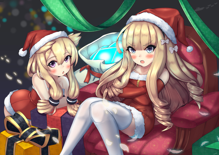 2girls alternate_costume armchair azur_lane bent_over blue_eyes box chair commentary drill_hair feathers gift gift_box hair_flaps hairband hat highres kuronekozero light_brown_hair long_hair looking_at_viewer multiple_girls open_mouth parted_lips purple_eyes queen_elizabeth_(azur_lane) sack santa_costume santa_hat sitting thighhighs v-shaped_eyebrows warspite_(azur_lane) white_thighhighs wisdom_cube_(azur_lane) zettai_ryouiki