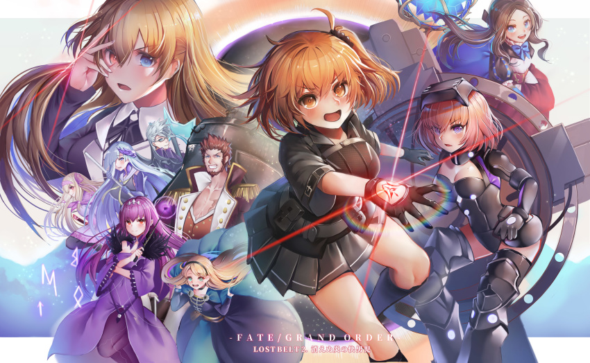 2boys 6+girls :d absurdres ainu_clothes black_gloves black_skirt blonde_hair blue_bow blue_dress blue_eyes blush bow breasts brown_eyes brown_hair brynhildr_(fate) cleavage command_spell commentary_request copyright_name dress epaulettes facial_hair fate/grand_order fate_(series) feather_hair_ornament feathers fujimaru_ritsuka_(female) fujimaru_ritsuka_(female)_(polar_chaldea_uniform) gerda_(fate) glasses gloves goatee grin hair_between_eyes hair_ornament hair_over_one_eye hairband heterochromia highres illyasviel_von_einzbern leonardo_da_vinci_(fate) leonardo_da_vinci_(rider)_(fate) long_hair long_sideburns looking_at_viewer lord_camelot_(fate) mash_kyrielight mash_kyrielight_(ortenaus) medium_breasts multiple_boys multiple_girls napoleon_bonaparte_(fate) open_mouth ophelia_phamrsolone pantyhose parayang photoshop_(medium) purple_dress purple_hair runes scathach_(fate) scathach_skadi_(fate) short_hair short_ponytail side_ponytail sideburns sigurd_(fate) sitonai_(fate) skirt smile standing standing_on_one_leg wand welding_mask